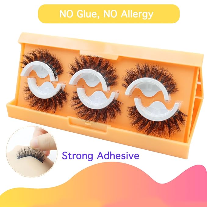 DAODER Self Adhesive Eyelashes Wispy Lashes Natural Look NO Glue Need Press On Lashes 3 Pairs Soft Fluffy Reusable Eyelashes with 40 Extra Glue Strips 14mm (Round Eye GX02)