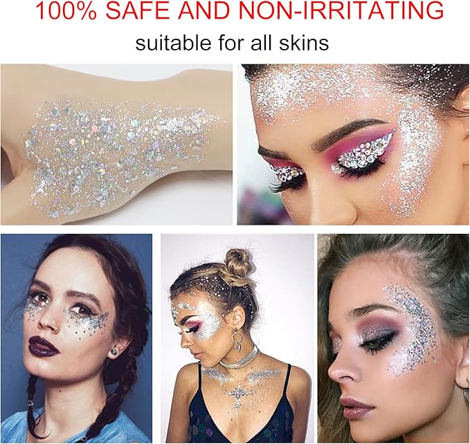 AWCCXMYM Body Glitter Gel Face Glitter for Body,Face,Eye,Hair Glitter Makeup Liquid Long Lasting Sparkling Mermaid Scales for Festival Art Party Halloween for Woman Kids(Silver)