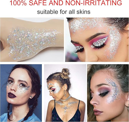 AWCCXMYM Body Glitter Gel Face Glitter for Body,Face,Eye,Hair Glitter Makeup Liquid Long Lasting Sparkling Mermaid Scales for Festival Art Party Halloween for Woman Kids(Silver)