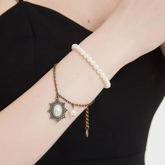 Gothic Pearl Lace Steampunk Wristband Vintage Pearl Pendant Tassel Lace Hand Chain with Finger Ring Lolita Lace Hand Accessories for Women and Girls (Style 7)