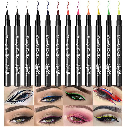 evpct 12Pcs Colors Matte Waterproof Colored Liquid Eyeliner Colorful Set Rainbow Colorful Neon Winged Eyeliner Stamp Shapes delineador de ojos de colores Red Orange Pink Black Blue Liquid Eye Liners