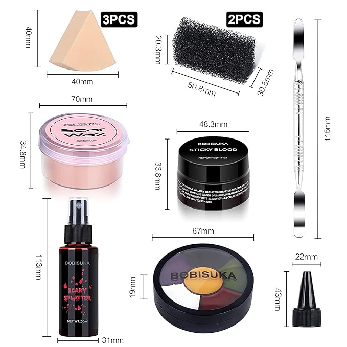 BOBISUKA Demonic Special Effects SFX Halloween Makeup Kit - 5 Colors Bruise Makeup Face Body Painting Palette + Scar Wax with Spatula Tool + Fake Blood Splatter Spray + Fake Blood Cream +Stipple Spong