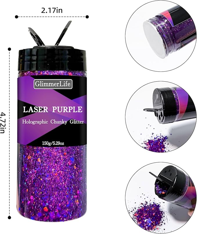 GlimmerLife Purple Chunky Glitter 150G/5.29OZ Glitter, Holographic Chunky Glitter Sequin Flake Bulk, Craft Glitter for UV Resin, Nail Glitter for Face, Body, Eye, DIY Halloween Decorations