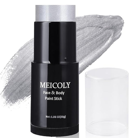 MEICOLY Silver Face Paint Stick(1.06 Oz),Blendable Full Body Paint Stick for Halloween Tin Man Special Effects SFX Cosplay,Sweatproof Waterproof Eye Black for Baseball/Softball/Football