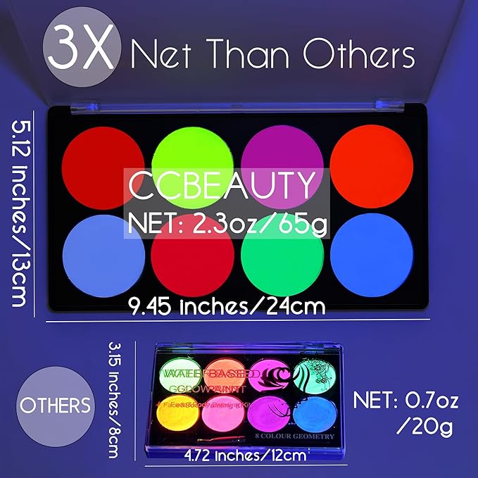 CCbeauty Large UV Glow Face Body Paint Palette, 8 Neon Glow In BlackLights Painting Kit, Water Activated Eye Liner, Safe Washable for Kids Adult, Halloween Costume Masquerades Club Makeup + 10 Brushes