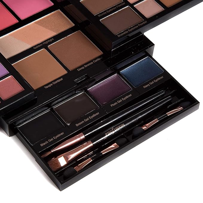 Profusion Cosmetics - Pro Elevation Kit - Starter Makeup Artist Kit Eyeshadows Lip Shades Gel Eyeliners Highlighters Contour Bronzer Brow Powder Eyebrow Wax Eyebrow Highlighter Applicator Brushes