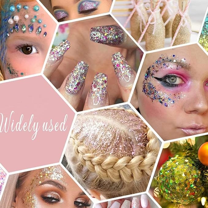 Pack of 24 Colors Chunky and Fine Glitter Mixed,Nail Art Face Body Hair Iridescent Sequins Loose Glitter,DIY Epoxy Resin Craft Slime Tumbler Making Flakes Powder