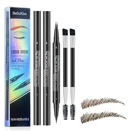 2PCS Hello Kiss Curved Eyebrow Pen, Hello Kiss Microblading Eyebrow Pencil (02#BROWN+04#BLACK BROWN)
