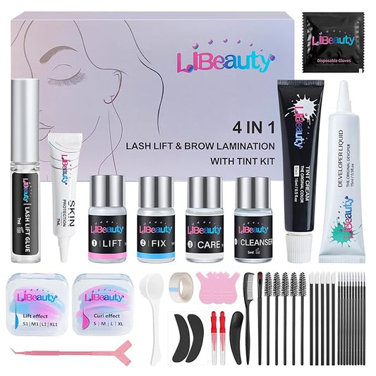 Libeauty Lash Lift and Color Kit with 15ml Black Set, 4-in-1 Professional Eyelash & Eyebrow Perm DIY Kit, Quick Curling Coloring & Eyebrow Lamination, Complete Tools for Home & Salon Use