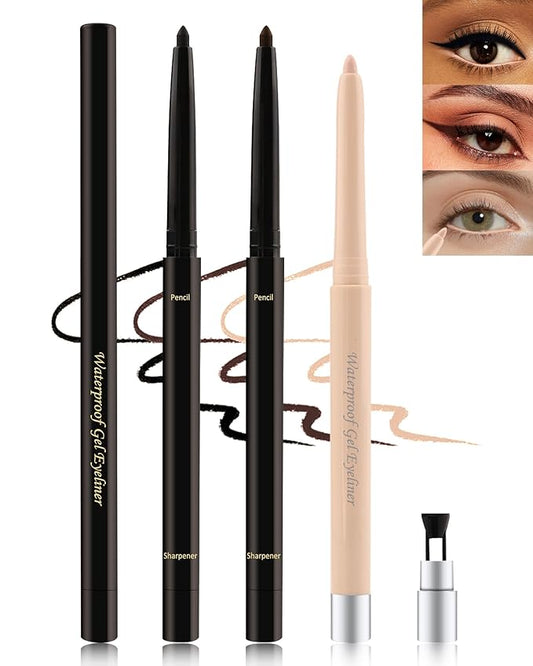 Black+Brown+Nude Waterline Eyeliner Pencil, Cream Gel Eye Liner Pencils for Older Women, Waterproof Smudge-Proof Retractable Eyeliner Pen, Long Lasting 24H, Water Line Eyeliner for Sensitive Eyes-3Pcs