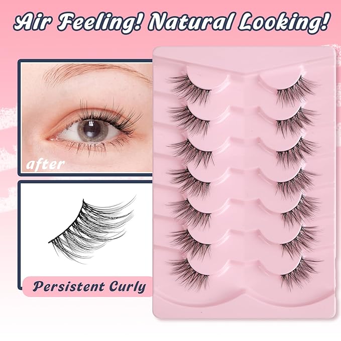 Half Lashes Cat Eye False Eyelashes Natural Look 14MM Natural Corner Lashes Wispy Half Eyelashes 3/4 Lash with Thin Cotton Band C Curl Soft Eyelash Siligli 7 Pair