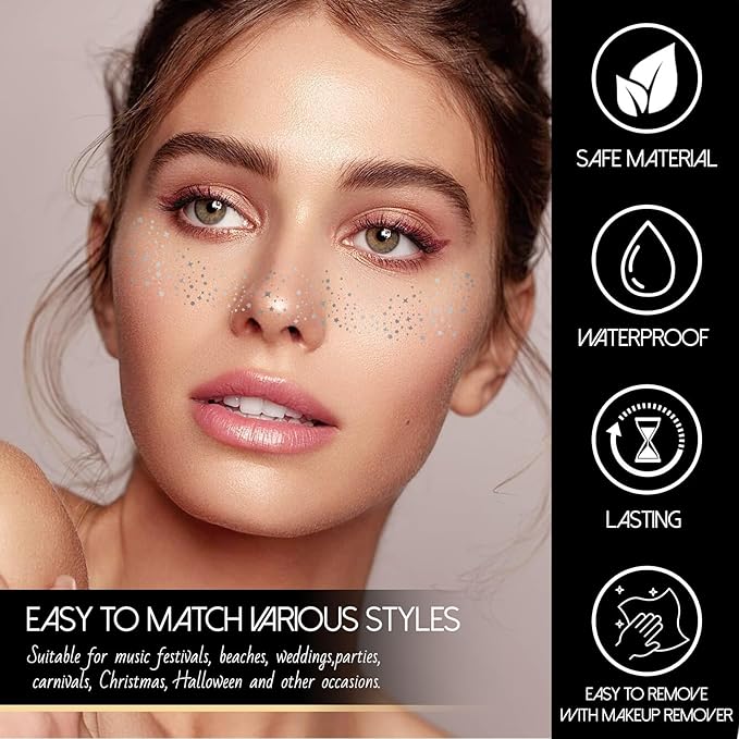 Makeup Patches Silver Face Glitter Makeup Speckles Glow Up Face Glitter Speckles Patches Accessories Party for Women-10 Count