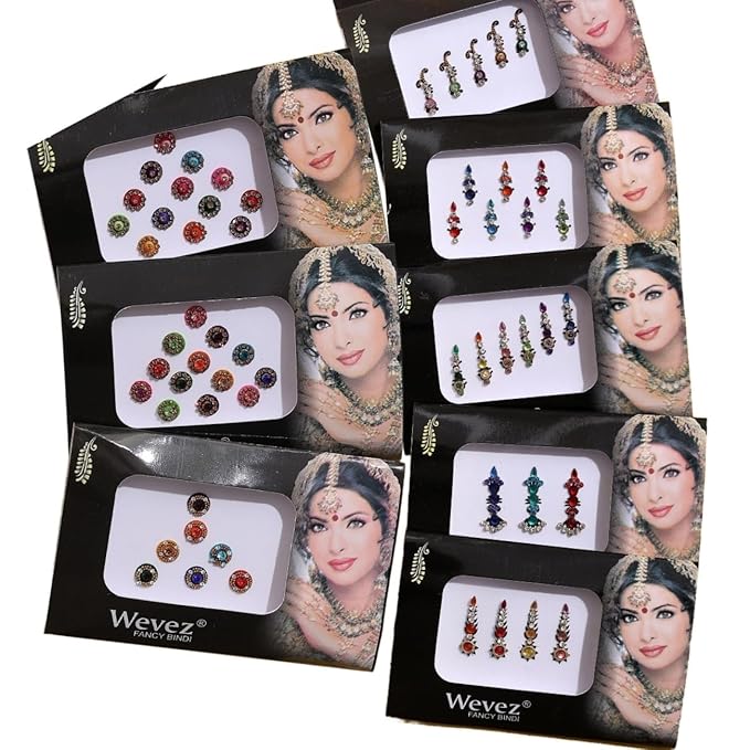 Pack of 6 Multi Color Long Rhinestone Body Glitters Reusable Bindi