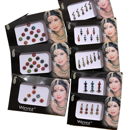 Pack of 6 Multi Color Long Rhinestone Body Glitters Reusable Bindi