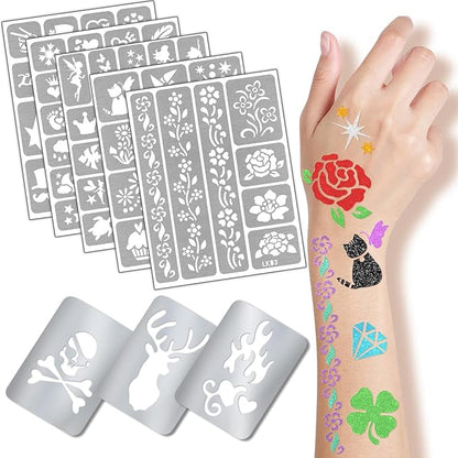 Yazhiji 390 PCS Temporary Tattoo Stencils, Face and Body Paint Stencils Kit, Girl Boy Glitter Tattoos Stencils Pack for Kids School Show Birthdays Halloween Christmas Party Favor Supplies