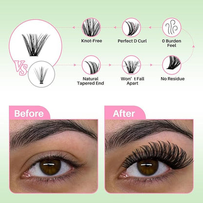 Lash Extension Kit DIY Lash Clusters Kit 624pcs Cluster Lashes Eyelash Extension Kit Individual Lashes with Lash Bond and Seal,Lash Tweezers,Mascara Brush(624pcs 20D+40D+60D+80D Kit,9-16mm)