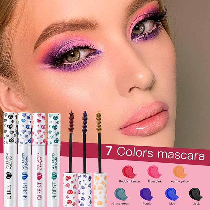 Waterproof Colorful Mascara 7 Colors Long Lasting Mascara Lengthening Voluminous Eyeliner Charming Mascara for Eyelash Eye Makeup