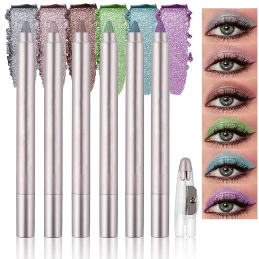 6Pcs Cream Eye Shadow Sticks Sets,Bronze Champagne Taupe Green Blue Violet Purple Shimmer Matte Pencil Eyeshadow Applicator Stick,Eye Shadow Brightener Stick Eye Makeup Palette Long Lasting Naturing