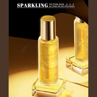 Body Glitter Spray, Moisturizing Bronze Body Shimmer Luminizer Glow Illuminator Quick-Drying and Non-Sticky Liquid Highlighter Spray for Face Hair Glitter, 60ML -Champagne Gold