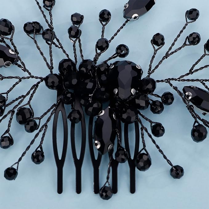 Kercisbeauty Black Rhinestones Beads Crystal Hair Comb Long Side Hairpiece for Wedding Brides Bridesmaid Women Girls Porm Halloween Themed Party Jewelry