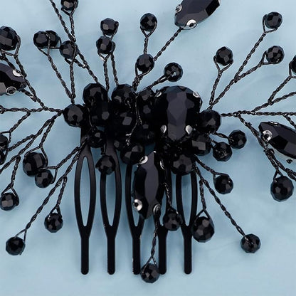 Kercisbeauty Black Rhinestones Beads Crystal Hair Comb Long Side Hairpiece for Wedding Brides Bridesmaid Women Girls Porm Halloween Themed Party Jewelry