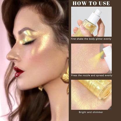 Body Glitter Spray, Moisturizing Bronze Body Shimmer Luminizer Glow Illuminator Quick-Drying and Non-Sticky Liquid Highlighter Spray for Face Hair Glitter, 60ML -Champagne Gold