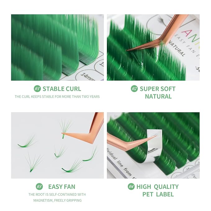 Colored Eyelash Extension Easy Fan Green 0.10 L Curl 8-15mm Mixed Volume Lash Extension Individual False Eye Lashes With Color By ANNAFRIS (Easy Fan Green,0.10 L 8-15mm Mix)