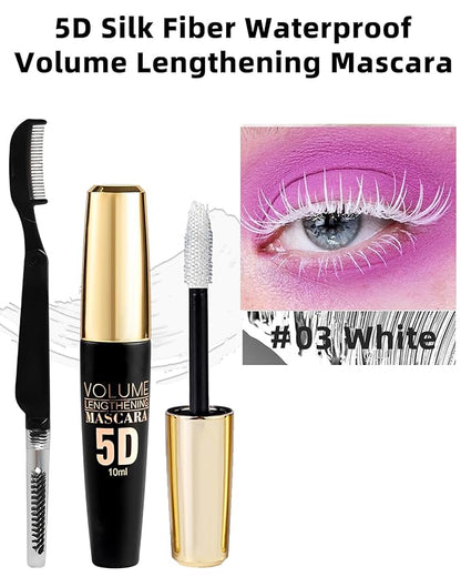 White Waterproof Mascara Primer for Eyelashes, 5D Silk Fiber Lash Extension Colored Tube Mascara with Eyelash Brush, Long Lasting Smudge-proof Volumizing Lengthening, Eye Makeup Party Gift for Women