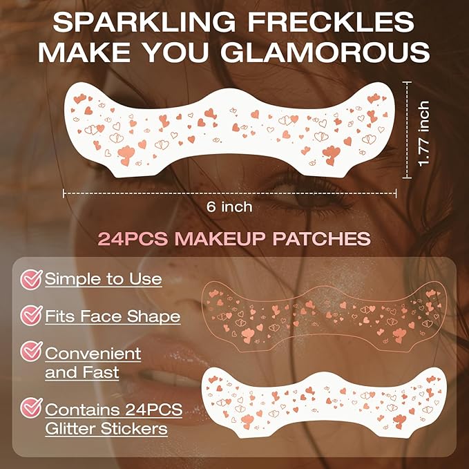 24 Pcs Glitter Freckles Face Tattoo,Rose Gold Face Glitter Makeup Patches Cute Sparkle Freckles Patches Waterproof Makeup Speckles for Face Accessories for Women Girls