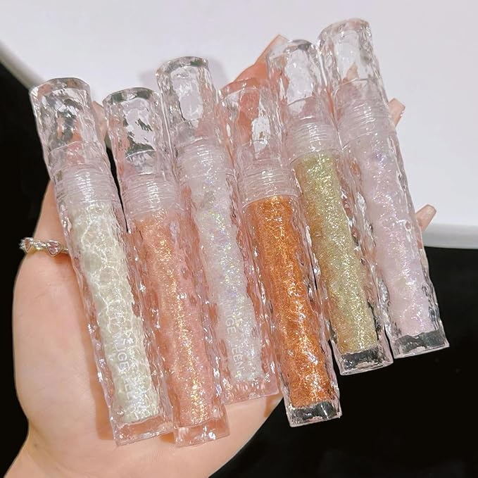 6pcs Liquid Glitter Eyeshadow Set, Shimmer Eye Make Up for Korean Crystals Makeup, Quick Drying, Pigmented and Long Lasting Eyeshadow Eye Liner, Silver Pink Gold Crystals Eye Glitter Makeup