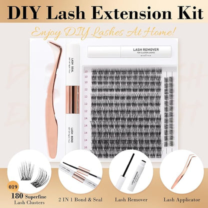 Lash Extensions Kit with 180 PCS Individual Lash Clusters, Eyelash Tweezers for Lash Extensions, Lash Bond and Seal Waterproof, Clusters Lash Glue Remover Easy to Apply at Home