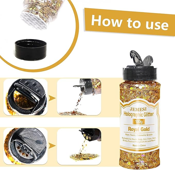 Holographic Chunky Glitter, 100g Royal Gold Cosmetic Craft Glitter for Epoxy Resin, Nail Sequins Iridescent Flakes, Body, Face, Hair, Nail, Glitter Slime Making