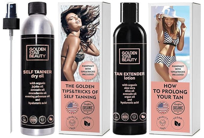 Self Tanner Oil & Tan Extender Lotion with Hyaluronic Acid and Organic Oils - Create and Extend Beautiful Sunless Tan