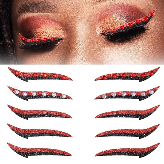 Uranian Eyeliner Stickers Glitter Eyeliner Sticker with Rhinestones Instant Adhesive Eye Line Strip Reusable Eyeshadow Stickers Colorful Eyelid Tape for Party Eye Makeup Tool for Women (Red)