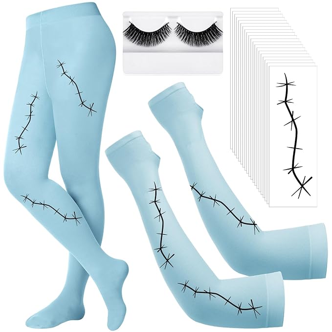 Costume Accessories Include 20 Halloween Scars Stitches Tattoos Footed Tights Arm Sleeves Halloween False Lashes(Blue)