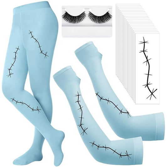 Costume Accessories Include 20 Halloween Scars Stitches Tattoos Footed Tights Arm Sleeves Halloween False Lashes(Blue)