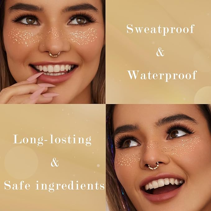 6 PCS Gold Freckles Temporary Face Tattoo, Gold Face Glitter Makeup Patches, Sweatproof Waterproof Face Freckles Accessories for Women Girls