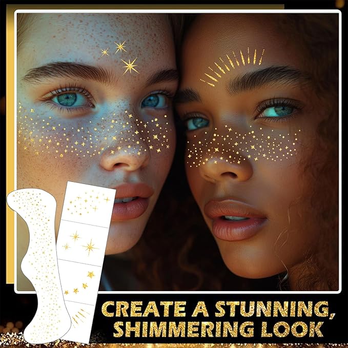50 Pcs Makeup Patches,Gold-Face Glitter Speckles Patches,Glitter Freckles Face Tattoo, Sparkle Makeup Patches,Glow Up Makeup Patches,Waterproof Face Glitter Speckles Patches for Helloween (Gold)