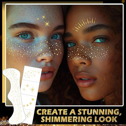 50 Pcs Makeup Patches,Gold-Face Glitter Speckles Patches,Glitter Freckles Face Tattoo, Sparkle Makeup Patches,Glow Up Makeup Patches,Waterproof Face Glitter Speckles Patches for Helloween (Gold)