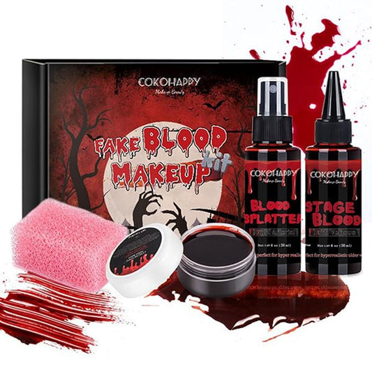 COKOHAPPY 4PCS Fake Blood Kit Halloween Makeup - Coagulated Blood 1.05oz + Fake Blood Spray 1.76oz + Stage Blood 1.76oz, Realistic Washable Special Effects SFX Makeup Set, for Zombie Vampire Monster