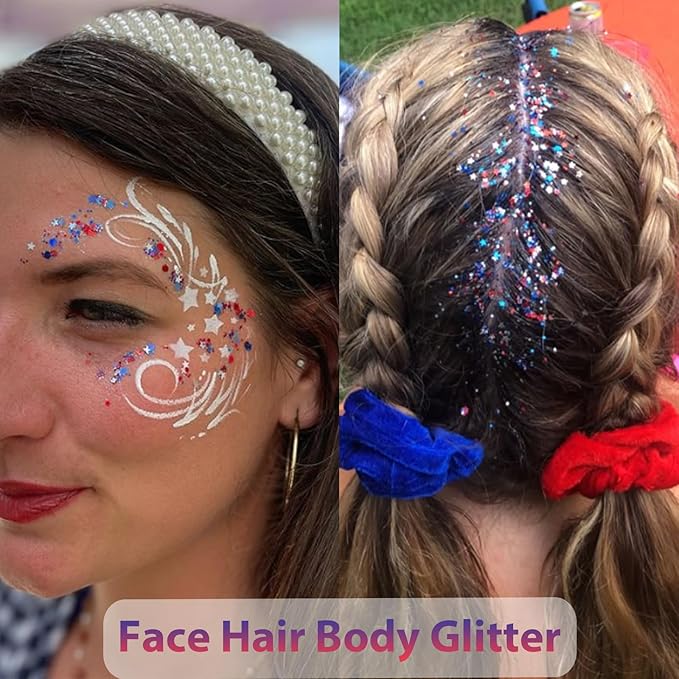 Mysense Red White and Blue Body Glitter Stick,Fourth of July Accessories,4th of July Outfits for Women Kids,Patriotic USA Flag Face Hair Glitter for Independence Day Memorial Day Veterans Day,0.56oz