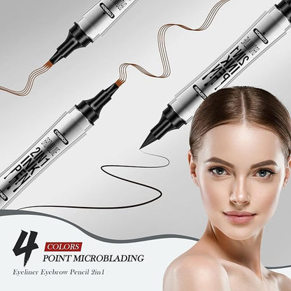 Microblading Eyebrow Pen - Eyebrow Pencil Magical 2-in-1 Dual-Ended Brow Pencils with 4-Fork-Tip & Precise Brush-Tip, Create Natural Hair-Like Brows & Eyeliner for Women, Last All-Day (Dark Brown)