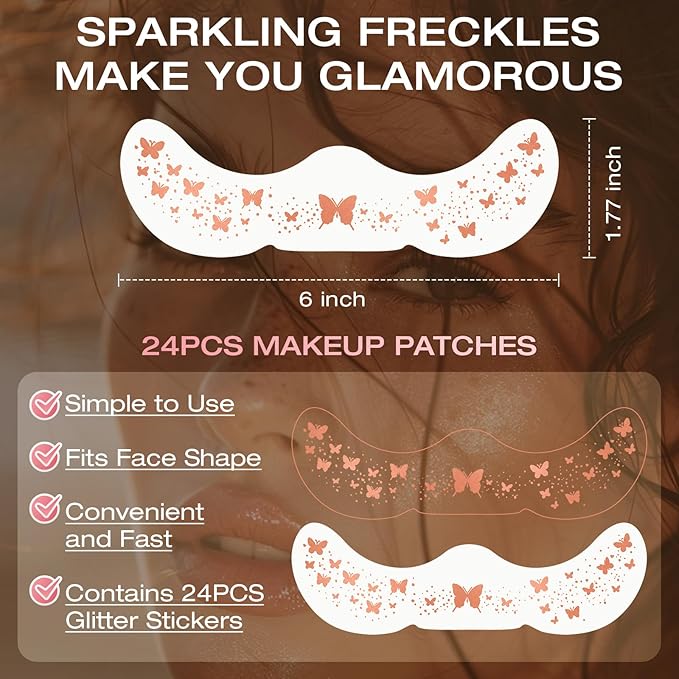 24 Pcs Glitter Freckles Face Tattoo,Rose Gold Face Glitter Makeup Patches Cute Sparkle Freckles Patches Waterproof Makeup Speckles for Face Accessories for Women Girls