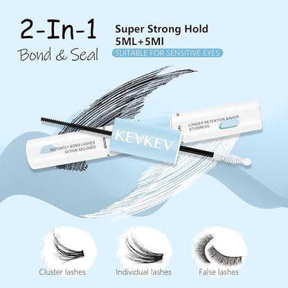 KevKev Lash Bond and Seal Waterproof Bond and Seal Lash Glue for Lash Clusters Mascara Wand Cluster Lash Glue Eyelash Bond and Seal Strong Hold for 72 Hours Avoid Stickiness (5ml+5ml)