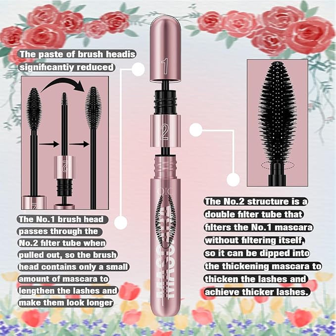 Liquid Mascara with Dual-Wand for Lengthening, Volumizing and Smudge-Free Lashes, Long-Lasting and Waterproof Formula ink