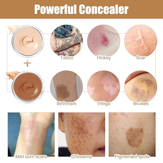 Tattoo Cover Up Makeup, Full Coverage Concealer Cream, Waterproof & Sweatproof Concealer for Scars, Vitiligo, Dark Spots – Long-Lasting, Natural Finish for Body & Legs (2 Colors)