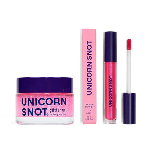 UNICORN SNOT Glitter Gel & Glitter Liquid Metal Lip Paint Bundle - Makeup for Festivals, Raves, Anime Cosplay - Safe for Face, Easy Application & Removal (Flamingo & Glow)