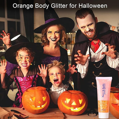 MEICOLY Orange Body Glitter,Sparkling Face Glitter Gel,Mermaid Sequins Face Paint Glitter Autumn Makeup,Eye Hair Chunky Festival Rave Accessories Makeup,Party Body Glitter Gel for Women Kids,50ml