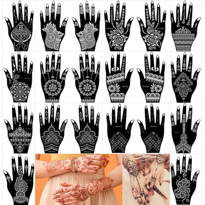 XMASIR 20 Sheets Henna Tattoo Kit Stencil for Hand, Temporary Airbrush Tattoo Stencils Arabian Tattoo Stickers Henna Templates for Body Paint Art (20Pcs-1)