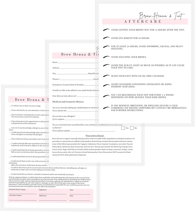 Brow Henna and Tint Intake Forms, Consent, and Aftercare Instruction Cards | 75 pk, 25 of Each | for Client Signature Medical History Information 8.5x11” A1
